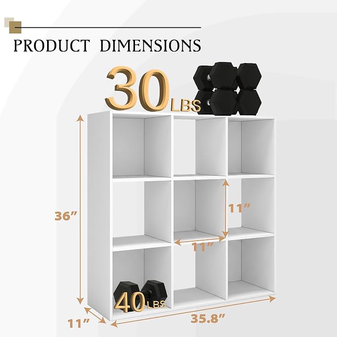 WannabeMyself【Sturdy Build&Easy Assembly】 9 Cube Storage Organizer with Anti-Tipping Kits,Reversible Open Back Book Shelf, Bookcase for Living Room,Bedroom,Entrance Hall,Office,35.8×11.4×35.9,White