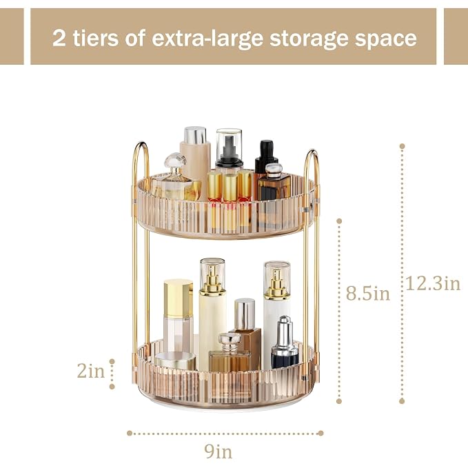 MOKANI 360 Rotating Makeup Organizer for Vanity, 2 Tier Perfume Organizer | Adjustable Multi-Function Spinning Cosmetics Skincare Storage for Bedroom, Dresser, Countertop, Amber