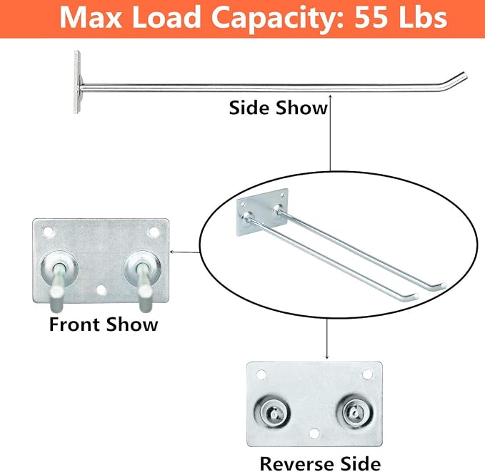 Wall Mounted Steel Long Handled Tools Storage Hooks, 12 Inch Steel Garage Utility Double Rack Organizing Ladders, Rakes, Hose, Shovel, Brooms, Max Capacity 55Lbs (Pack of 4)