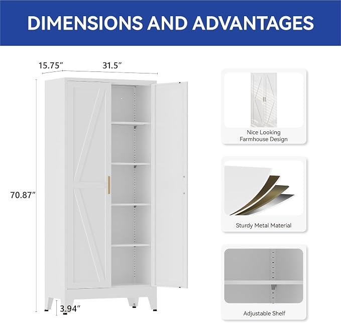 COFaR Metal Pantry Cabinet with Doors, Farmhouse 71'' Tall Storage Cabinet with 4 Adjustable Shelves, Kitchen Pantry Cabinet for Dinning Room, Laundry, Bathroom, Garage, White 5-Tier