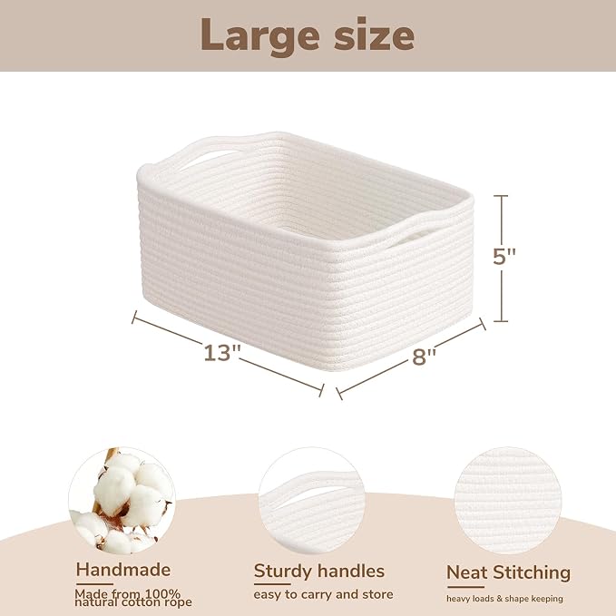 Goodpick 3-Pack Woven Storage Baskets for Organizing, 13 x 8 x 5 in | Empty Baskets for Shelves, Dog Toy Basket, Closet Baskets for Organizing, Empty Baskets for Gifts, White