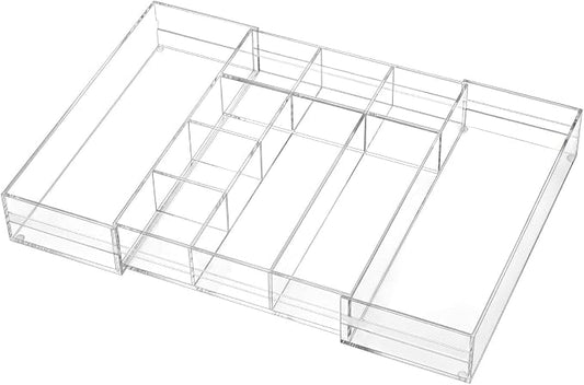 Briwooody Clear Acrylic Drawer Organizer Expandable,10 Compartments,Medium | 9'' up to 18'' x 12'' x 2.1'' Desk Drawer Organizer Trays Adjustable with Desk Accessories for Makeup Office Bathroom