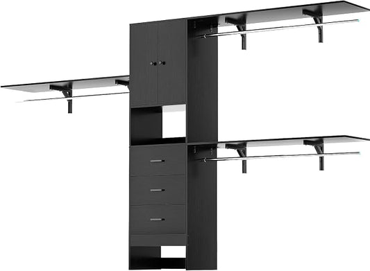 120 Inches Closet System With Doors, 10FT Walk In Closet Organizer with 3 Shelving Towers, Heavy Duty Clothes Rack with 3 Drawers, Built-In Garment Rack, Max Load 1300 LBS, Black