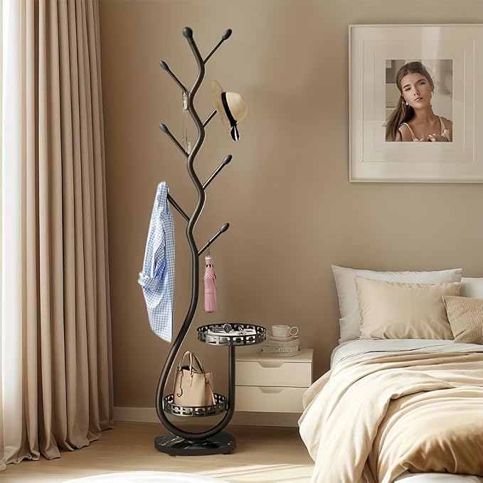Metal Standing Coat Rack, Small Space Coat Rack Freestanding Hanger Coat Stand with Natural Metal Base & 8 Hooks, Tree-Shaped Coat Rack for Entryway, Hallway, Bedroom, can Hang Clothes, Hats (Black)