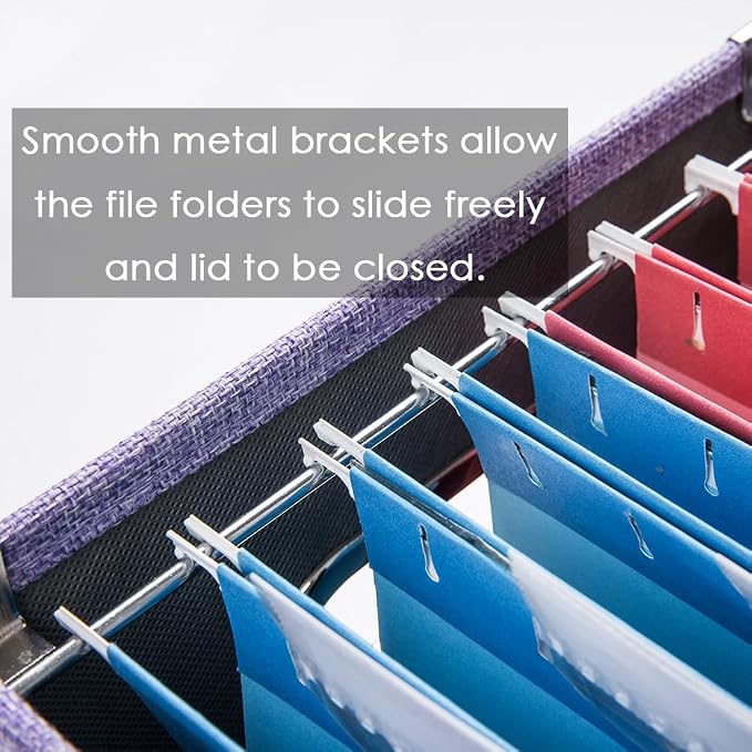 File Organizer Box - Set of 4 Collapsible Decorative Linen Filing Storage Hanging File Folders with Lids Office Cabinet Letter Size Purple (14x9.3x10.8 inch)