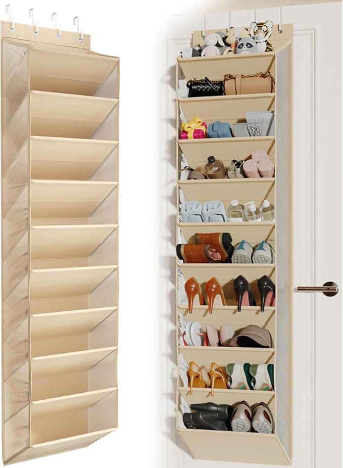 Mefirt 20-25 Pairs Over the Door Shoe Organizer, Clear Pockets Shoe Rack for Closet Door, 10-Tier Hanging Shoe Rack for Boots, Behind the Door Shoe Holder Fit All the Family's Sneakers, Heels, Beige