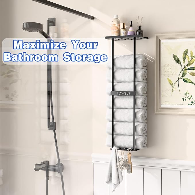 2-Tier Wall-Mounted Towel Rack with Hooks & Shelf, Black Metal Towel Holder for Small Bathrooms (Standard Version)