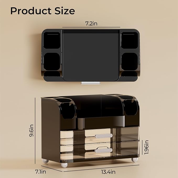 UFORU Makeup Organizer Countertop with 2 Large Drawers for Vanity Bathroom | Brush Holder, Large Capacity, Thickened Plastic, Compact Footprint, Space-Saving Design, Easy Clean, Ideal for Dorm Rooms