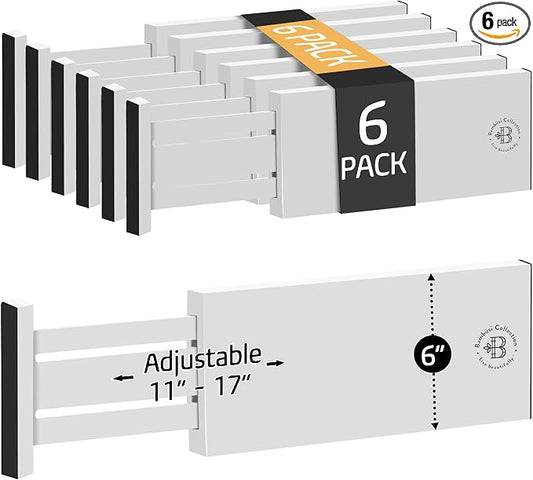 6-Pack Drawer Dividers - 6 Inches High, Adjustable 11 to 17 Inches Bamboo Drawer Organizer, Large Expandable Separator for Clothes, Dresser, Bedroom, Bathroom, Baby, Office, Kitchen Utensil, White