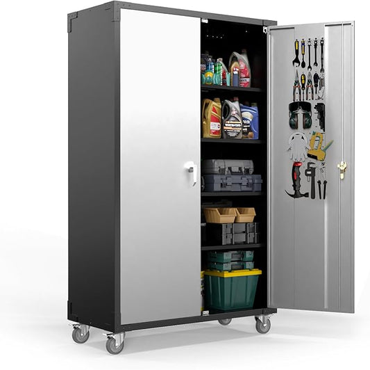 VINGLI Upgraded Wide & Deep Garage Storage Cabinet, Metal Storage Cabinet with Pegboards, Wheels, Locking Doors and Adjustable Shelves (Black & Silver, 43''W x 20''D x 72''H)