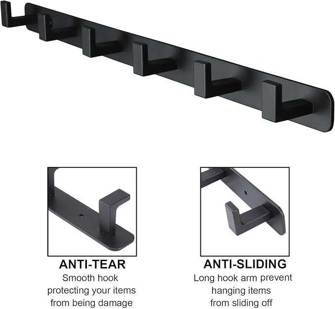 Coat Rack, Heavy Duty Stainless Steel 6 Tri Coat Hook Hanger, Wall Mounted Wall Hooks, Rustic Clothes Hook/Key Hook Rail for Bathroom Kitchen Entryway(2 Pack, 6 Hook Black)