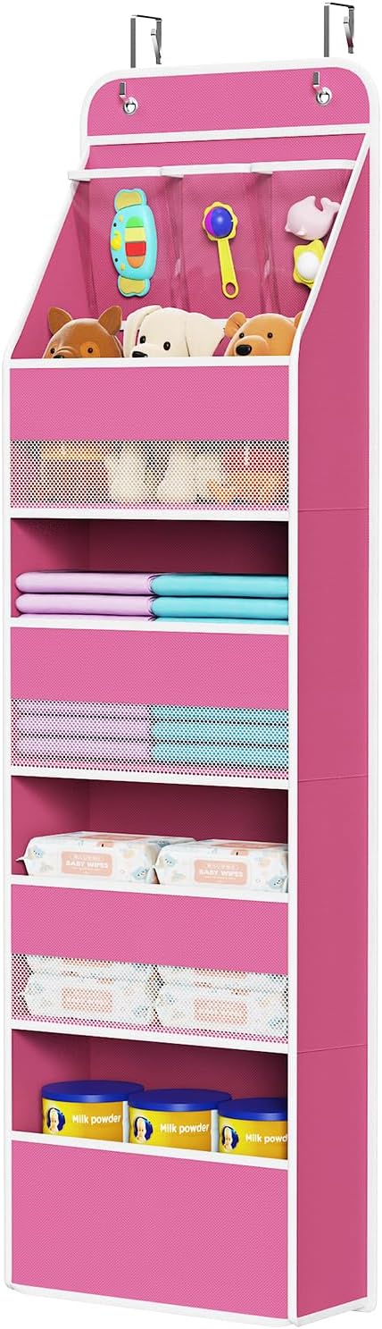 Univivi Fabric Over Door Hanging Organizer for Baby Nursery, Pink, 5-Shelf | Door Storage with Large Capacity Breathable Mesh Pockets, Over Door Storage Organizer for Baby Essential, Bedroom, and Dorm