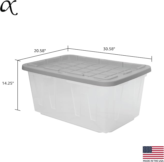 CX 27-Gallon Heavy Duty Clear Stackable Storage Bins with Lids, 2 Pack | Clear plastic totes for garage organization, Stackable, weather-resistant, snap lids, 14.3H x 20.6W x 30.6D, Clear/gray