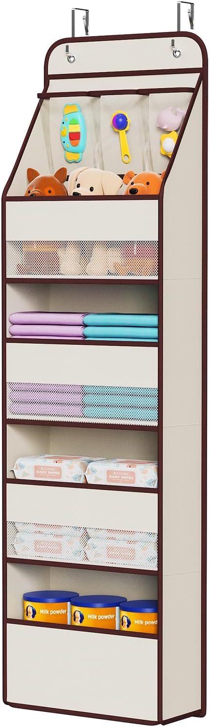 Univivi Fabric Over Door Hanging Organizer for Baby Nursery, Beige, 5-Shelf | Door Storage with Large Capacity Breathable Mesh Pockets, Over the Door Organizer for Baby Essential, Bedroom and Dorm