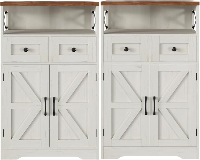Farmhouse Storage Cabinet Set of 2, Small Kitchen Pantry Coffee Bar Cabinet | Accent Buffet Cabinet Cupboard, 2 Drawers, Barn Doors & Adjustable Shelves, for Kitchen/Entryway/Bathroom, Antique White