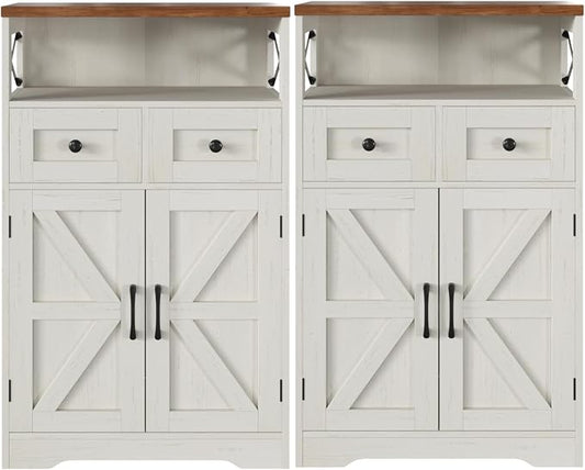 Farmhouse Storage Cabinet Set of 2, Small Kitchen Pantry Coffee Bar Cabinet | Accent Buffet Cabinet Cupboard, 2 Drawers, Barn Doors & Adjustable Shelves, for Kitchen/Entryway/Bathroom, Antique White