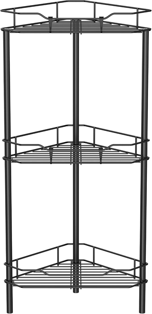 HuggieGems 3 Tier Floor Standing Corner Shower Caddy Organizer Shelf with Hooks, Bathroom Shelves Stand Rack, Black