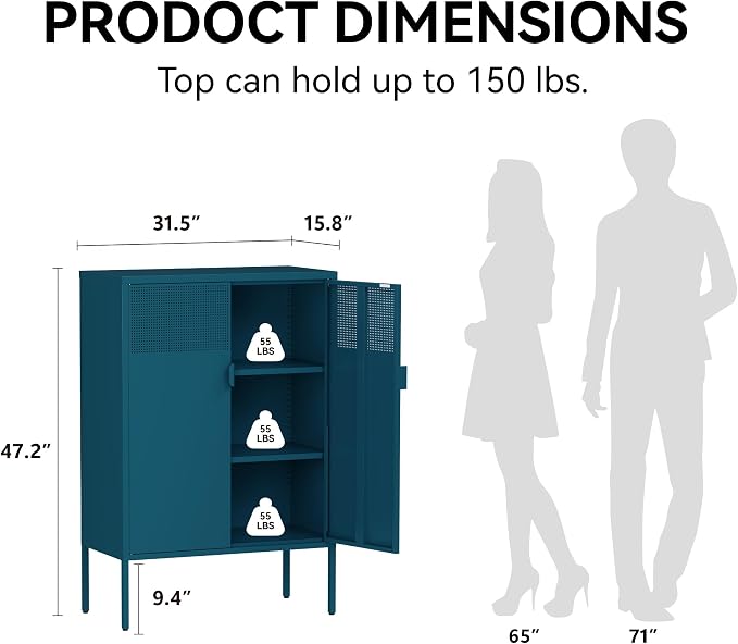COFaR Peacock Blue Metal Cabinet, 47”H Modern Sideboard with Adjustable Shelves, Stylish Coffee Bar & Buffet Storage for Dining Room, Kitchen, Ventilated Metal Organizer with Magnetic Doors