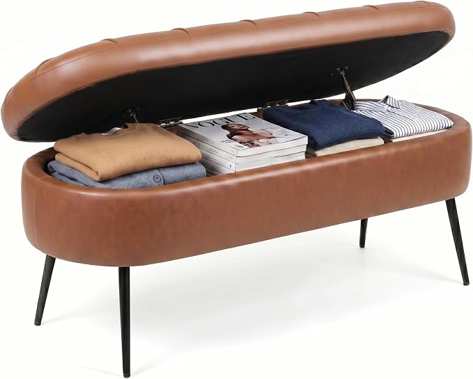 Storage Ottoman Bench, 43.7"PU Leather End of Bed Bench Walnut Brown | Bench with Large Hidden Storage, Tufted Upholstered Seat, Metal Legs, Mid-Century Modern, For Bedroom, Entryway, Living Room
