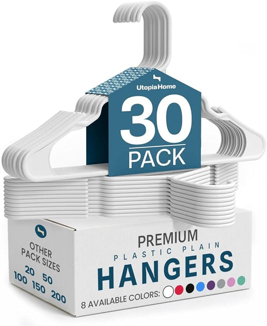Utopia Home Plastic Hangers 30 Pack – Space Saving Clothes Hanger White | Durable & strong | Closet organizer & storage | Ideal for apartments, dorms & stocking stuffers