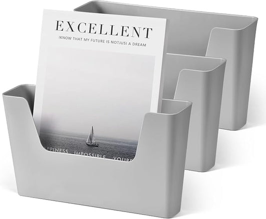 YOHOM Adhesive File Holder Plastic Document Folder Door No Drilling Mount Mail Magazine Organizer A4 Filing Envelopes Folder, Office Wall Mount Single Pocket(GREY, 3 PCS)