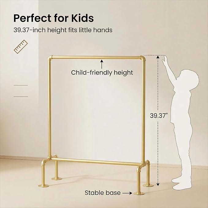 Kids Pipes Dress up Clothing Rack, Kids Clothes Rack, Child Garment Rack | Heavy Duty Hanging Clothes Rod, Toddler Clothing Rack, Baby Clothes Organizer, Girls Storage Wardrobe Organizers, Gold Metal
