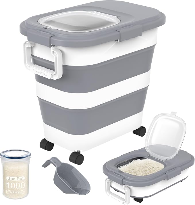 HOYTAMDA 25-35Lbs Collapsible Rice Container,Food Storage Containers Wheels | Rice Storage Container with Airtight Clear Lid,Handle,Small Bin &Scoop,Rice Dispenser for Flour Sugar Cereal Dog Cat Food