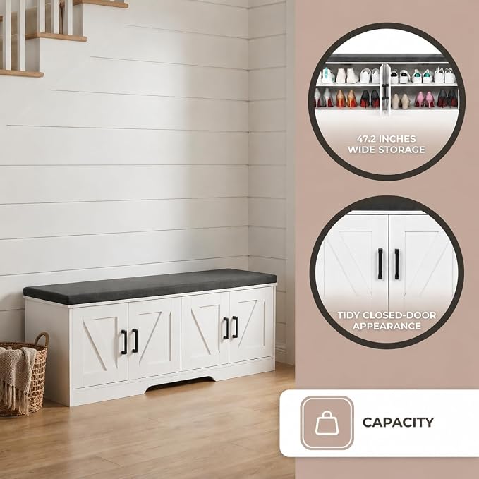 HOMSHO Farmhouse Shoe Storage Bench with 4 Barn Doors & Padded Seat Cushion | 47.2" Wide Entryway Bench with Adjustable Shelves & Hidden Storage, White