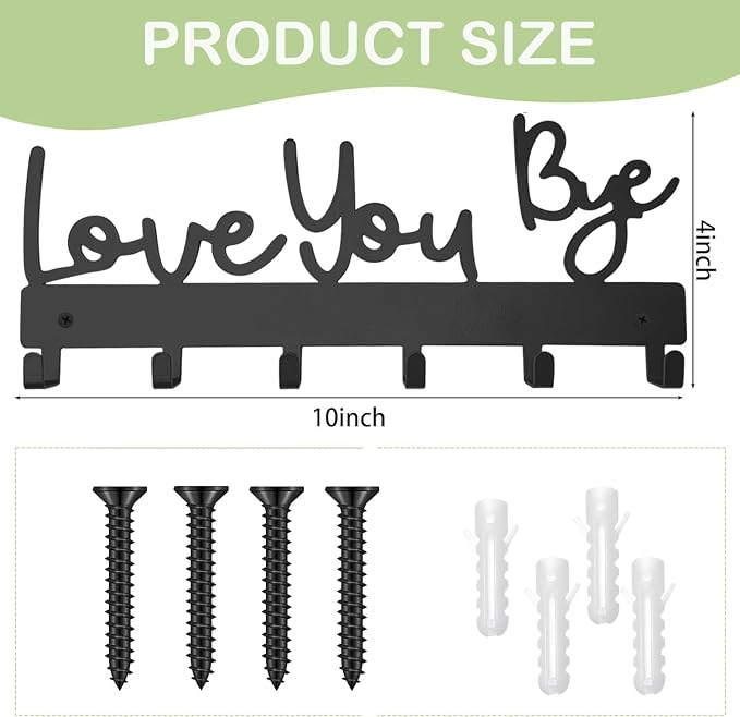 Love You Bye Sign Key Holder Hook Wall Mounted Key Holder Rack Organizer Hanger with 6 Hooks for Wall Express Love Art Decor for Entryway Front Door Kitchen Hallway Office (Love You Bye)
