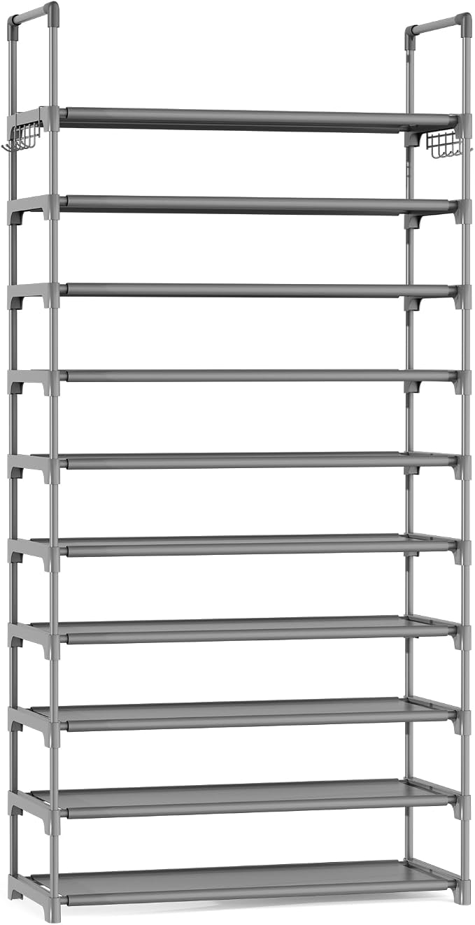 LANTEFUL Upgraded Shoe Rack for Closet Large Capacity 10 Tier Shoe Storage Holds 40–50 Pairs Sturdy Shoe Organizer with 10 Hooks for Entryway, Bedroom, Garage, Grey