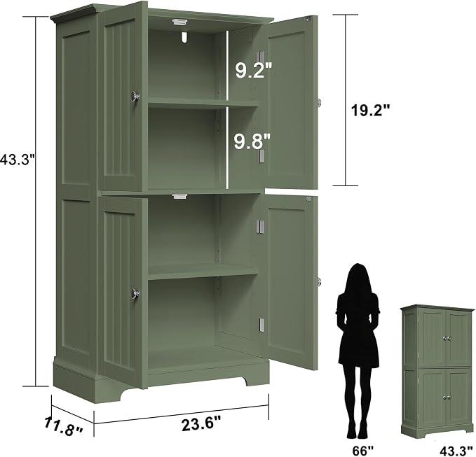 ChooChoo Bathroom Floor Cabinet with Adjustable Shelves | Bathroom Storage Cabinet, 4 Doors, Freestanding Cupboard for Living Room, Green