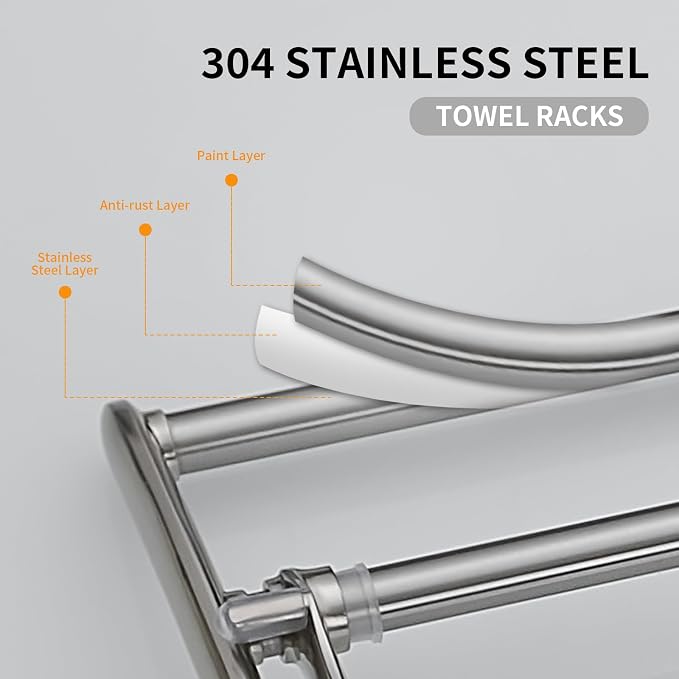24 Inch Brushed Nickel Towel Racks, Bathroom Towel Shelf with Foldable Towel Bar Holder and Towel Hooks, Wall Mounted Multifunctional Bathroom Accessories, Double Towel Bars