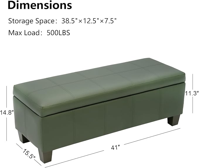 41" Storage Ottoman, Storage Bench with Safety Hinge, Upholstered Synthetic Leather Ottoman Bench for Bedroom, Living Room, Entryway, Hallway, Foot Rest, Support 500lbs