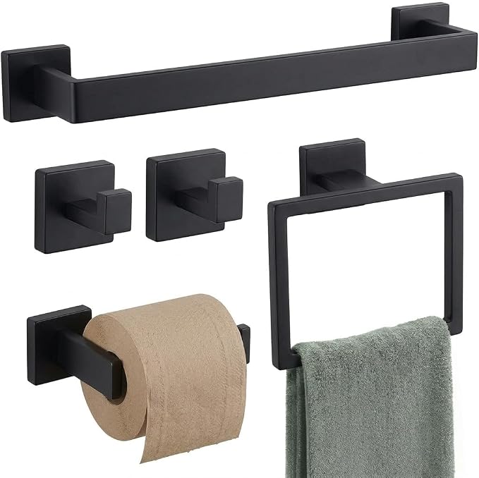 5-Piece Bathroom Hardware Set, 23.6 in Towel Bar, Matte Black | SUS304 stainless steel, 55 mm square bases, concealed screw mount, towel ring, toilet paper holder, 2 robe hooks