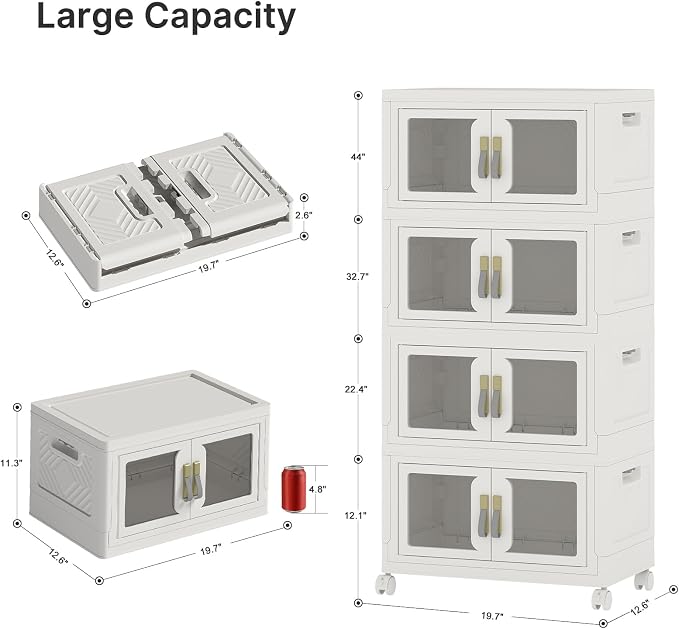 Stackable Storage Bins with Lids, 192QT Extra Large Storage Cabinet | Clear Doors, Foldable Storage Drawers, Heavy Duty, Collapsible Closet Organizers for Bedroom Office (4, White, 48, Quarts)