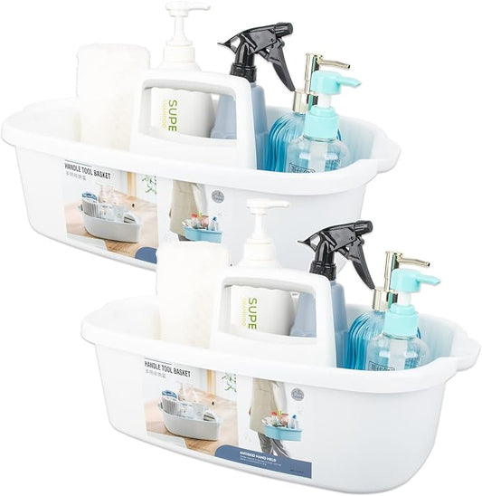 Large Cleaning Supplies Caddy Portable Shower Caddy Basket White 2 Pack | Sturdy Supply Organizer with Handle Plastic Bucket Tool Storage for Bathroom Bedroom Kitchen Garden College Dorm Essentials