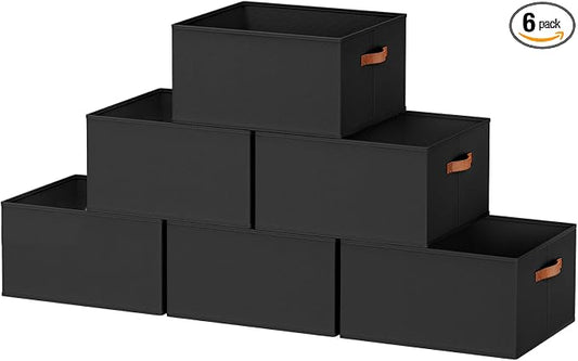 6 Pack Large Closet Storage Baskets Bins for Shelves, Collapsible Fabric Closet Organizers and Storage with Polyester Handles, Decorative Baskets for Organizing Clothes, Towels, Linen Closet 16x12x10"