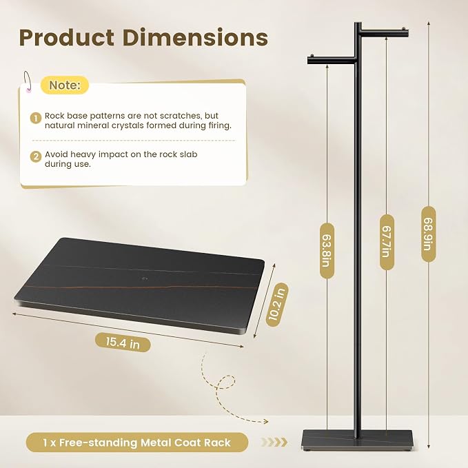 Metal Freestanding Coat Rack, 68.9"H Z-Shaped Coat Tree with Natural Rock Base, Modern Clothes Hanger Stand for Coats, Hats, Bags & Scarves, Ideal for Entryway, Bedroom, Office & Living Room