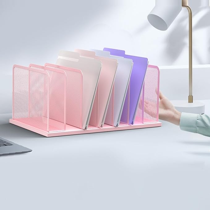 Kuntine.B 7-Section Upright Desk File Organizer Pink 1 Pack | Vertical, Mesh, Metal, Assembly, Stability, Sturdiness, Organization, Standing