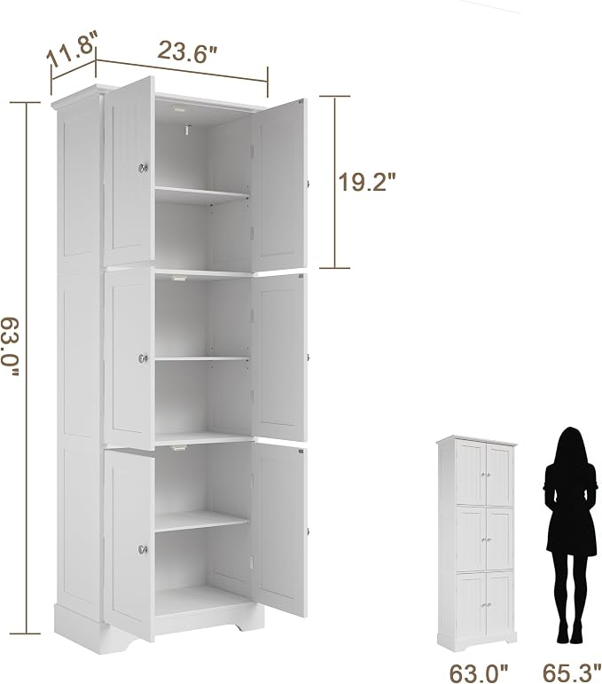ChooChoo 63.2" Tall Bathroom Storage Cabinet with 6 Doors | Freestanding Floor Cabinet, Adjustable Shelves, Pantry Cabinet for Bathroom, Kitchen, Laundry Room, White