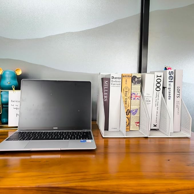 Mesh Magazine File Holder, 2 Pack Set, with Pen Holder | Sturdy Desk Organizer. 4 compartments for magazines, documents. Desktop storage for office & home. White.