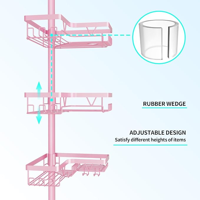 DAOYA Corner Shower Caddy Tension Pole - Corner Shower Organizer Pink Cute | Bathroom Shower Shelf for Shampoo, 25–114 Inch Shower Rack for Renter/Apartment, 4 Tier, Sturdy, Large Capacity, Save Space
