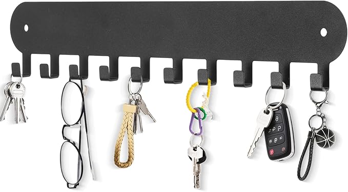 1 Pack Key Holder for Wall,Key Hooks with 10 Hooks, Black | Key Holder Wall Mount Self Adhesive Key Rack for Wall No Drill for Living Room, Kitchen, Bathroom, Garage