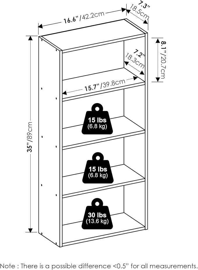 Furinno Basic Book Shelf, 4-Tier Bookcase with Open Shelf, Bookshelf, Cube Storage Organizer, 7 x 17 x 35, for Living Room, Bedroom, Home Office, Amber Pine