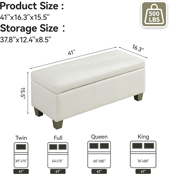 WUTUTUEE 41" Faux Leather Storage Ottoman, Stitch Tufted Rectangle Upholstered End of Bed Storage Bench, Entryway Large Couch Ottoman with Wooden Legs,White