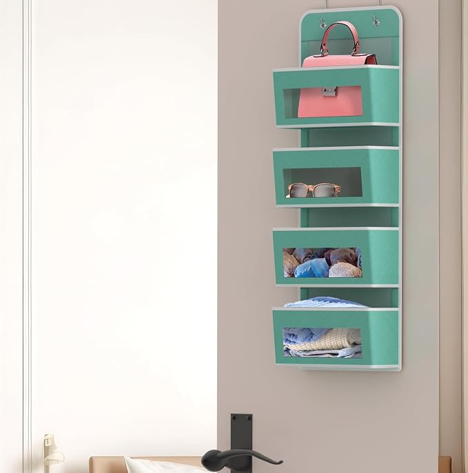 Simple Houseware 4 Clear Pocket Over Door Hanging Organizer, Turquoise | Over the Door Storage for Closet, Bedroom, Bathroom, Pantry