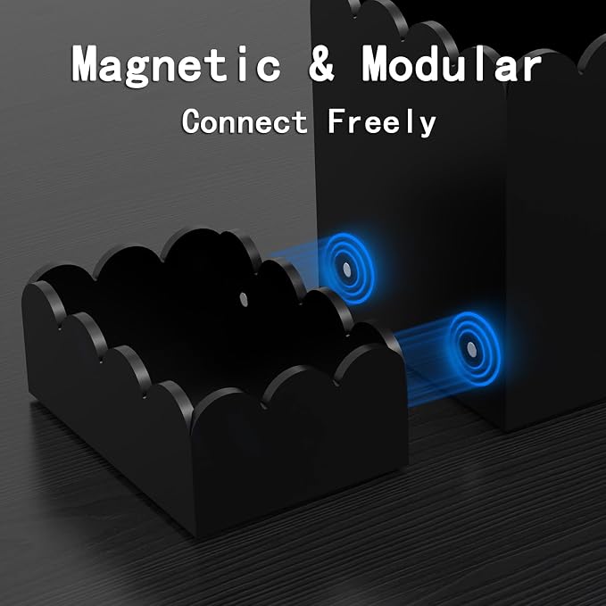Acrylic Desk Organizer Set of 3, Magnetic Modular Pen Holder with Sticky Note & Paperclip Tray,Black Aesthetic Desk Accessories for Home Office, Desk Decor for Women Men, Small Space Office Supplies