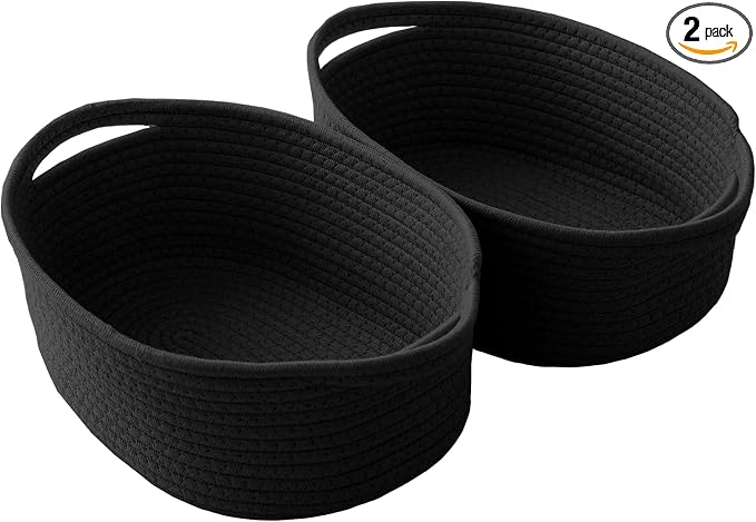 JMvicyroam Small Woven Basket, Empty Gift Basket, Black/2 Pack | Small Gift Basket, Cotton Rope, 12 x 8 x 25 in, Handles, Includes Ribbon and Bag, Birthday Gift Basket