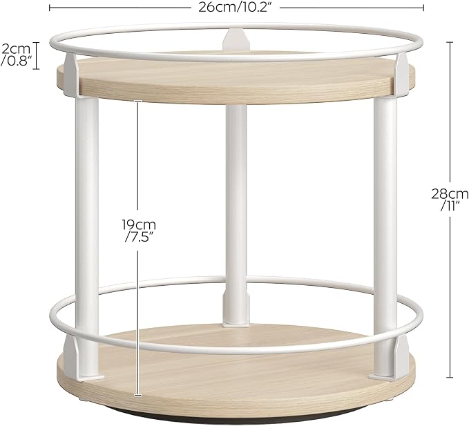 YATINEY Lazy Susan Organizer, Rotating Spice Rack, 2 Tier Spice Turntable Organizer, Industrial Turntable Spice Holder, for Kitchen Countertop, Compact and Versatile, White and Light Oak SR22WG