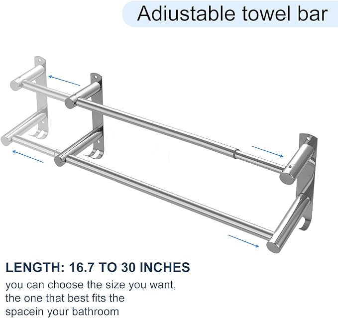 Double Towel Bar, Adjustable 28In Double Towel Racks for Bathroom | Stainless Steel Towel Bar for Bathroom Wall，Drilled-Type Bathroom Towel Holder